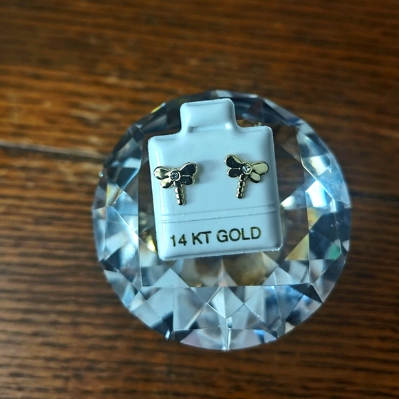 14kt Gold Cubic Zirconia Dragon Fly Earrings - Picture 1 of 2
